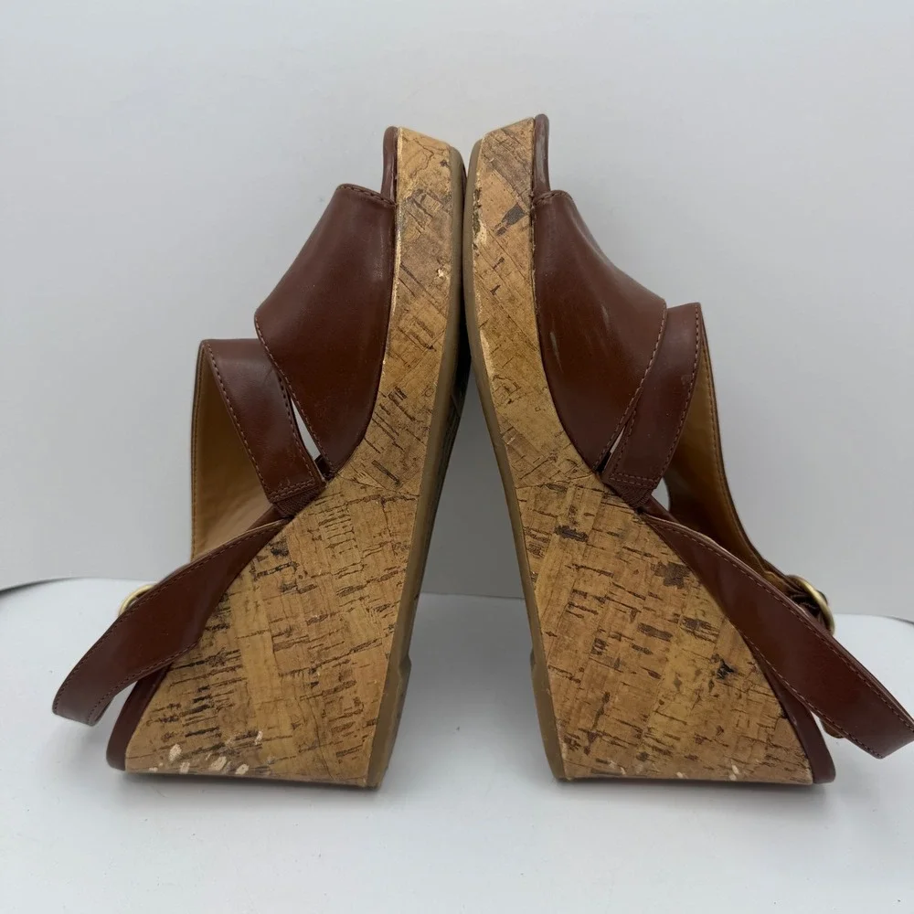 Franco Sarto Women's Size 8.5M Brown Leather Cork Wedge Sandals Casual
